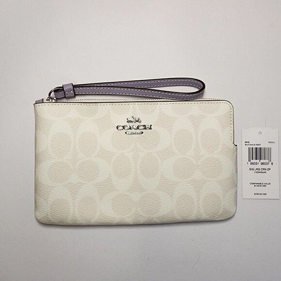 NWT Coach 6648 Large Corner Zip Wristlet Chalk Signature Canvas Mist Lavender - Picture 1 of 3